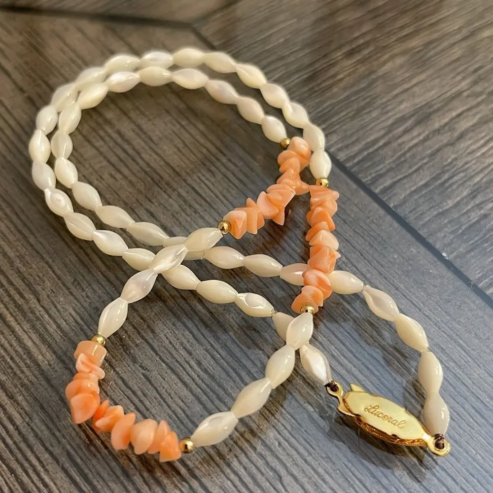Vintage Lucoral Single Strand Coral & Mother of Pearl Necklace Rice Beads